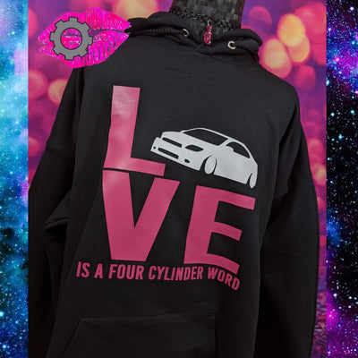SCION TC LOVE IS A FOUR CYLINDER WORD BLACK UNISEX FIT PULL OVER HOODIE