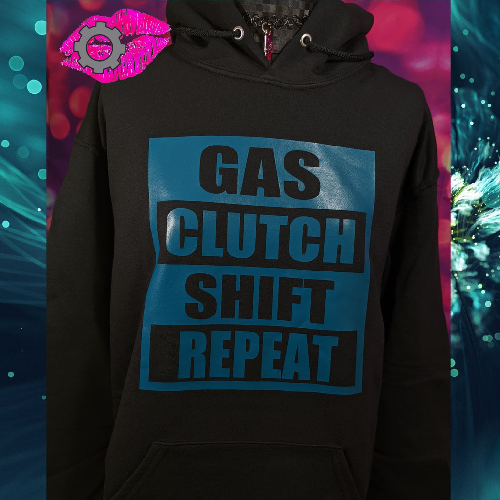 GAS CLUTCH SHIFT REPEAT UNISEX FIT BLACK PULL OVER HOODIE